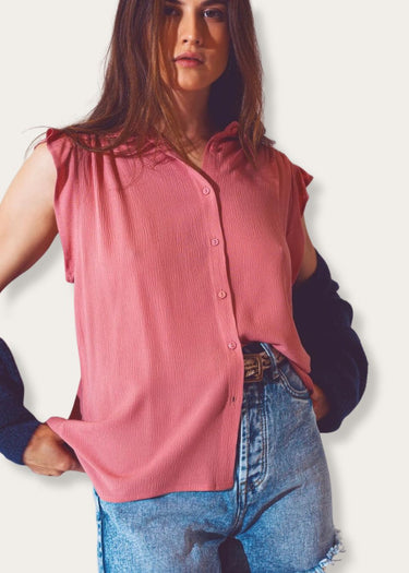 pink ruffle short sleeve blouse by Q2