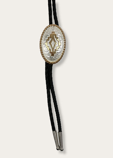 Bolo cowboy tie Crumrine Argent & Or Concho ovale Aztec Noir