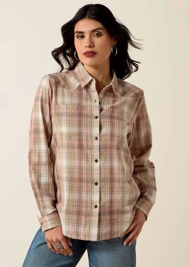 Billie Jean Western Shirt in White Pepper Coral Plaid by Ariat