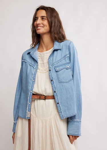Brunch Shrunken Denim Indigo Shirt in Light Wash Faded by Free People