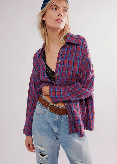 Front Cardiff Plaid Shirt in Purple Combo by Free People