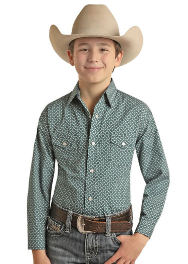 Children's Western Shirt All Over Geometric Snap in Evergreen by Panhandle