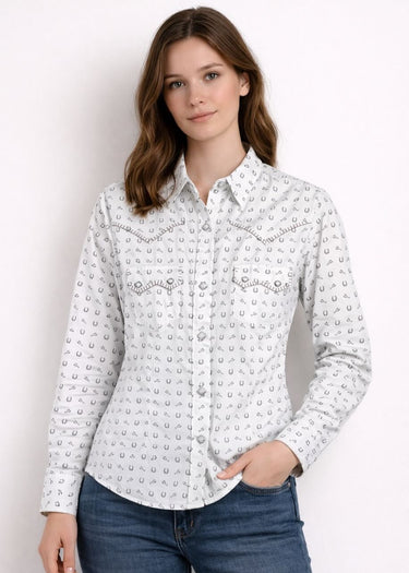 worn Women's Western Taupe Shirt by Panhandle