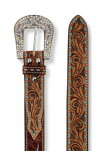 Damen Westerngürtel Tooled Tab Feather Arrow Tan von Angel Ranch