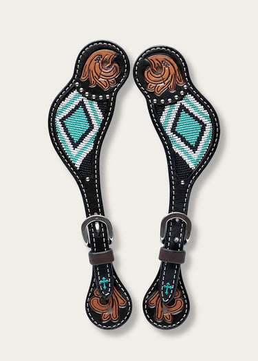 Courroies d'éperons en cuir pour femmes Turquoise Beaded Weaver