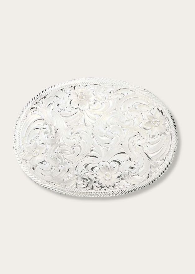fibbia Silver Engraved Western with Etched Trim di Montana Silversmith 