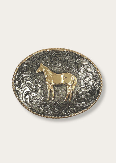 Western Oval Roped Edge Standing Horse Antique Buckle by Nocona