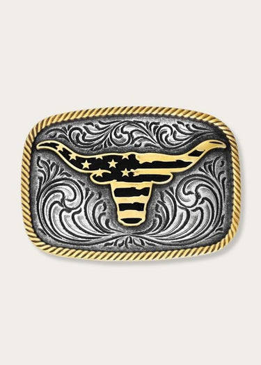 Fibbia Western Patriotic Longhorn Buckle by Montana Silversmith