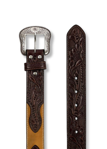 Men's Western Belt Floral Embossed Tabs Lacing Brown by Nocona