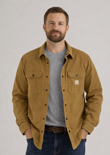 Veste Chemise Carhartt Rugged Flex™ Relaxed with Fleece in Oak Brown porté ouvert