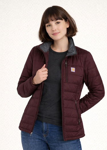 worn open Veste Rain Defender pour femme en Blackberry par Carhartt