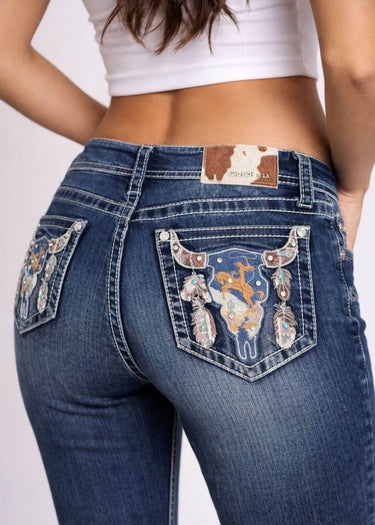 Gesäßtasche Detail Bootcut Jeans Grace in LA | Steerhead Stickerei Mid Rise Medium Wash