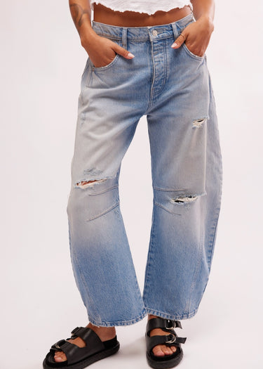 Front Jeans for Women's Good Luck Mid Rise Barrel in Barnyard Blue by Free People