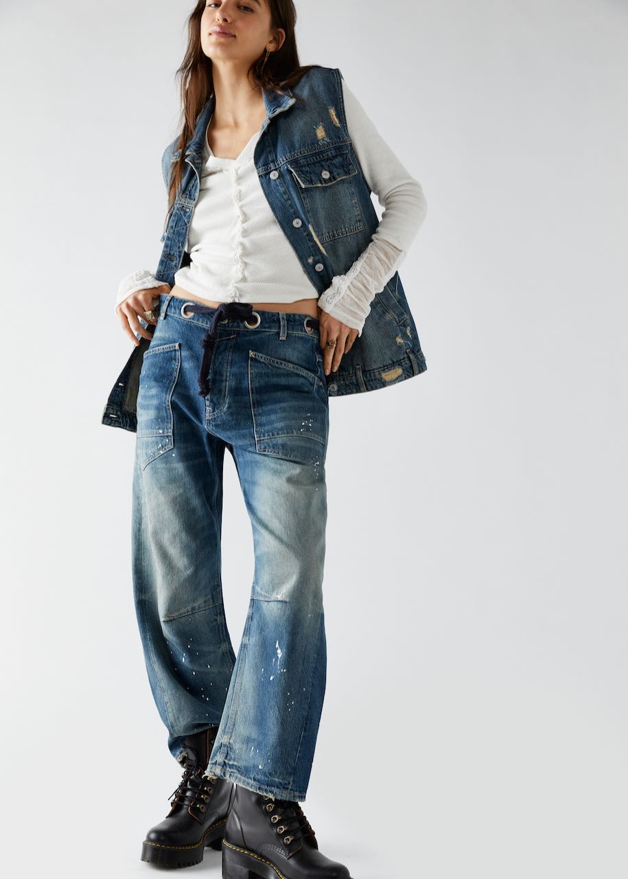Jeans Moxie Low Slung Pull on Barrel in Timeless Blue Free People