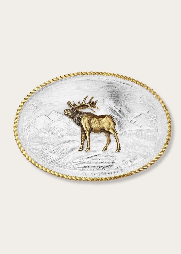 fibbia per cintura western modello Eached mountain scene & bull elk di Montana Silvestmith