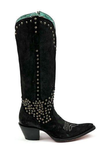 Bottes de cow-boy pour femme modèle C4134 de Corral en cuir noir métallisé avec détails cloutés et fermeture éclair latérale.
