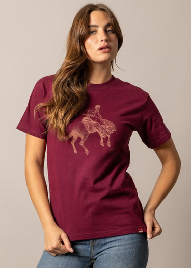 Women's T-shirt Randy Bucking Away inn Burgundy by Kimes Ranch