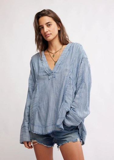 Be The Shore Long Sleeve T-shirt in Indigo Stripe Combo by Free People