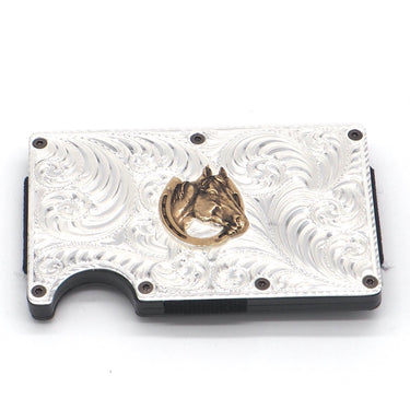 Stahlfarbener Kreditkartenhalter mit Pferd