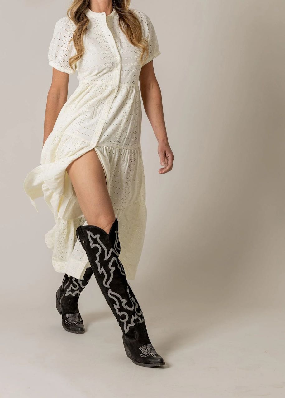 dettaglio spacco Abito Neve in Pristine di Kimes Ranch