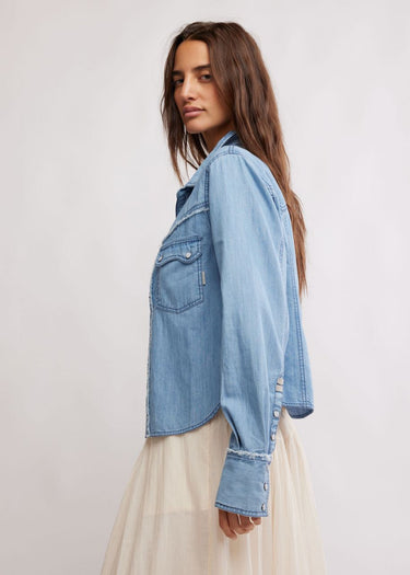 Side Brunch Shrunken Denim Indigo Shirt in Light Wash Faded by Free People