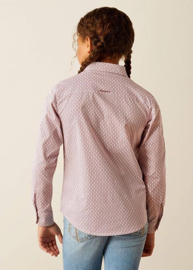 Behind Team Kirby Girl's Western Shirt in Finleigh Geo Print in Rose Wine by Ariat