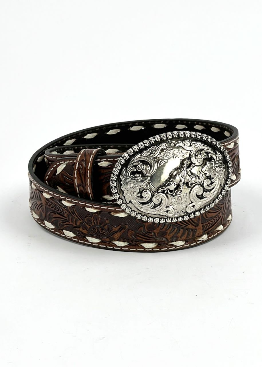 dettaglio fibbia Cintura bambino Tooled Floral in Buck Lacing Brown di Ariat