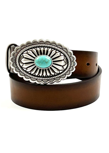 Women's Brown Leather Belt with Turquoise Buckle display by Ariat
