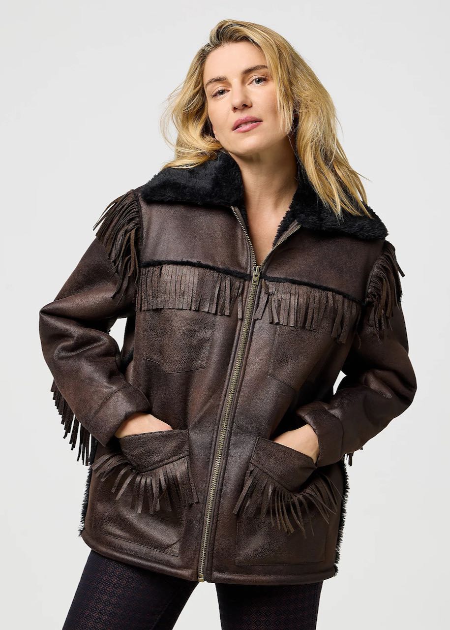 Giacca Relaxed Fringe Wrange in Brown Leather by Wrangler
