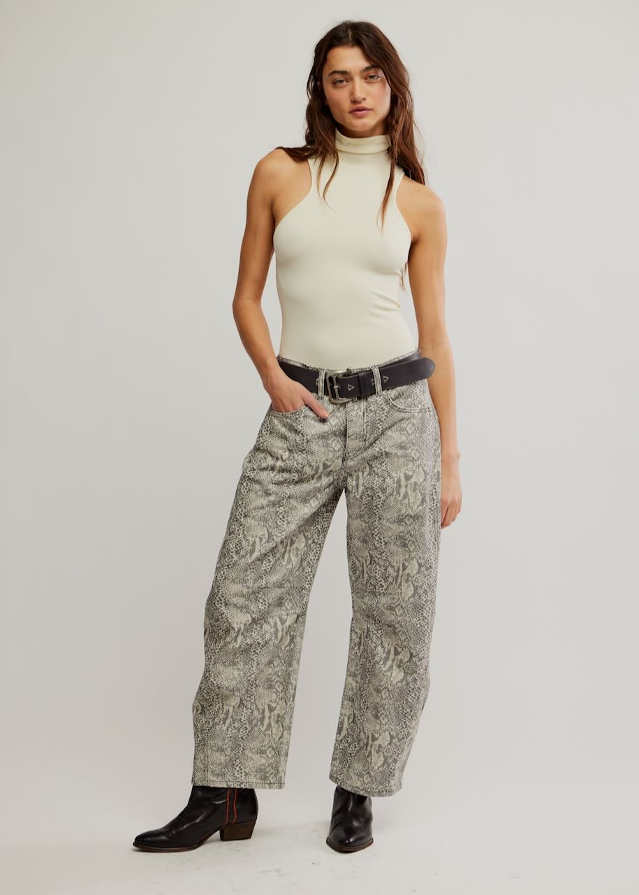 Good Luck Printed Barrel Jeans in Snake Combo by Free People