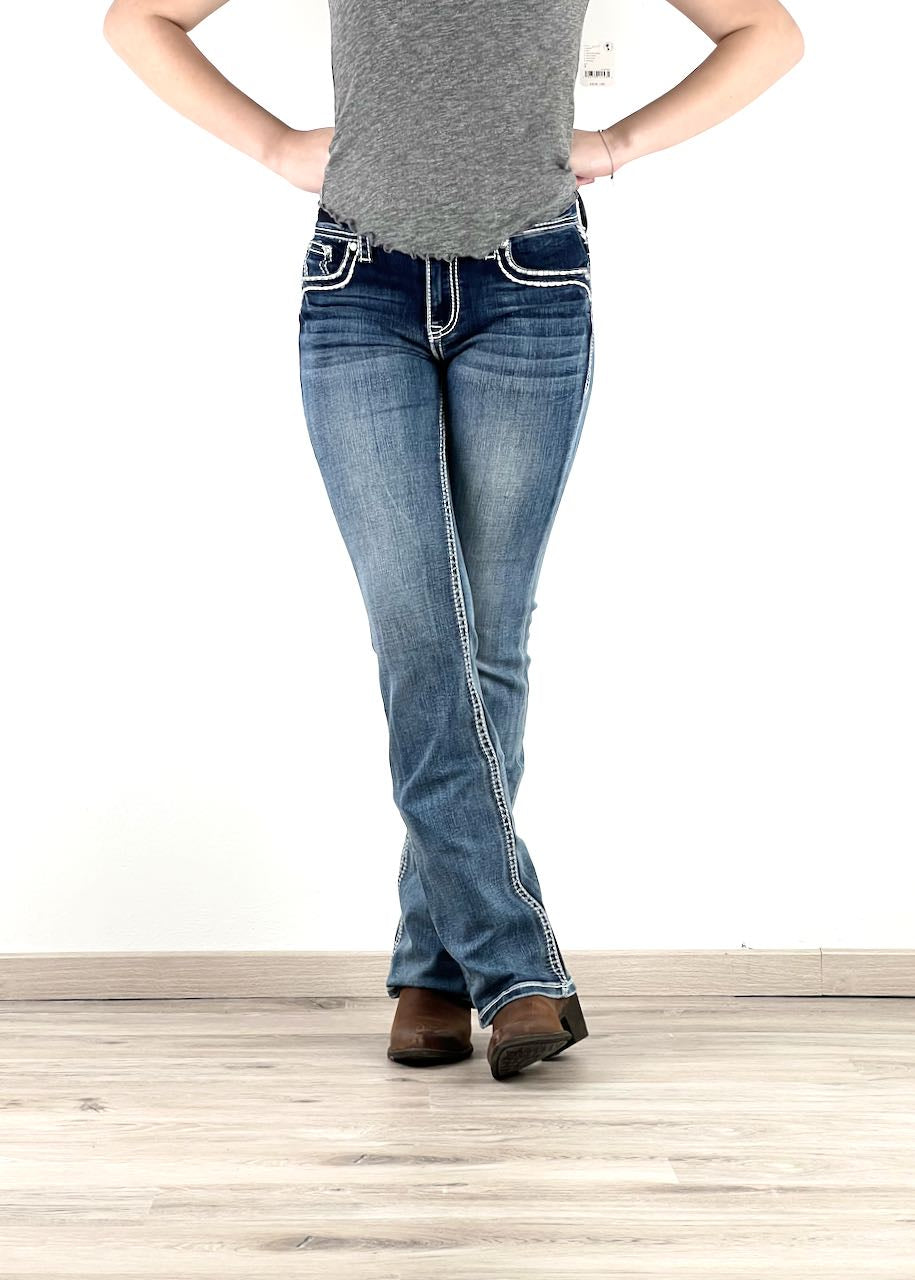 Jeans Bootcut donna Aztec Yoke Embellished in Light Wash Denim di Grace in LA