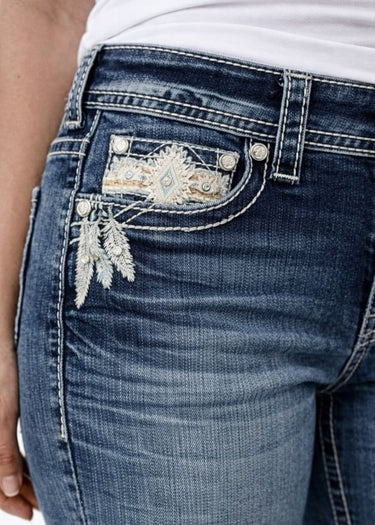 tasca davanti ricamo Jeans Grace in LA Bootcut Feather Embellished Pocket in Medium Wash