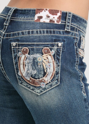 detalle bolsillo trasero Jeans Bootcut Mujer Motivo Herradura by Grace in LA