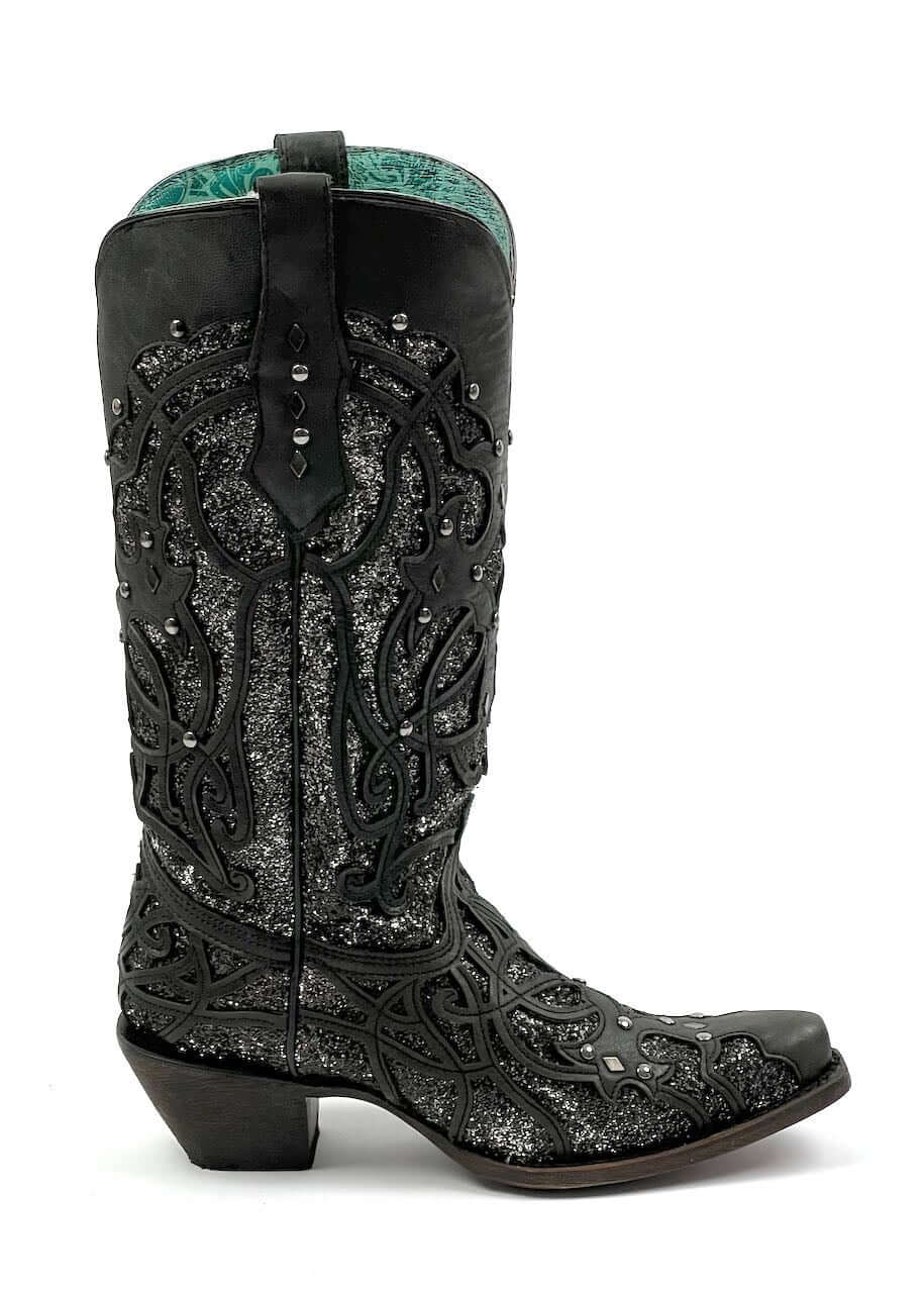 Women's Texan Boots model C3423 by Corral featuring black leather and glitter details.