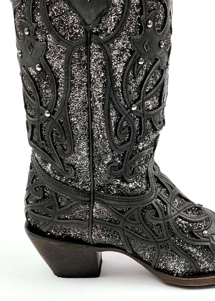 Women's Texan Boots with black leather and glitter inserts, model C3423 by Corral, showcasing elegant western style.