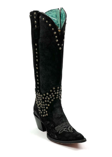 Women's Cowboy Boots model C4134 by Corral in metallic black leather with stud detailing and a tapered toe.