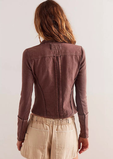 Behind Long-sleeve Tiny Woven Top in Shaved Chocolate by Free People