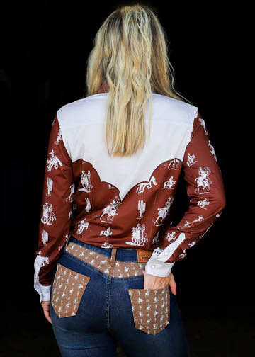 behind women's rodeo buckaroo shirt by Ranch Dress'n